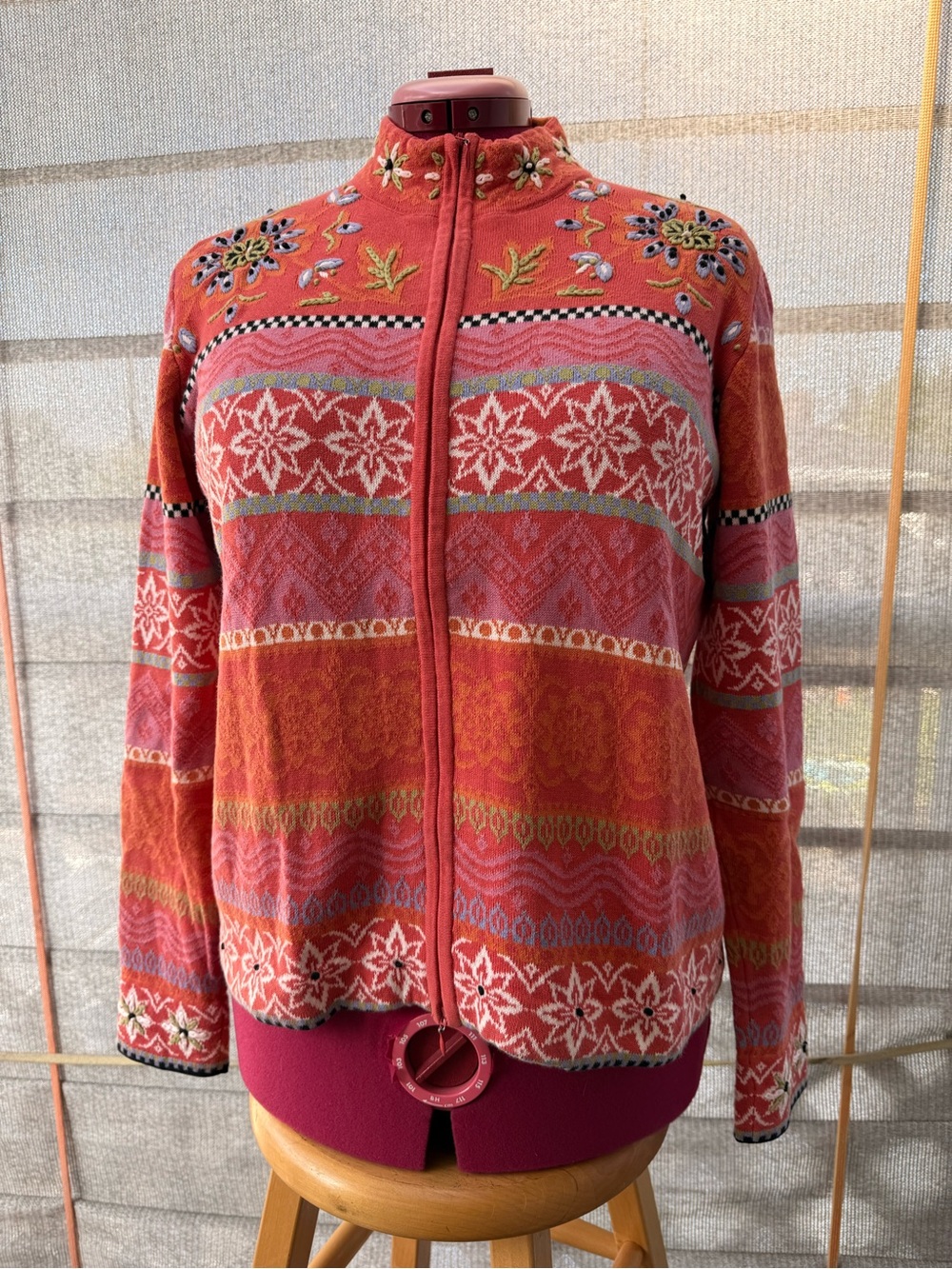 Vintage Icelandic Design Women’s Orange & Pink Patterned Zip-Front Sweater